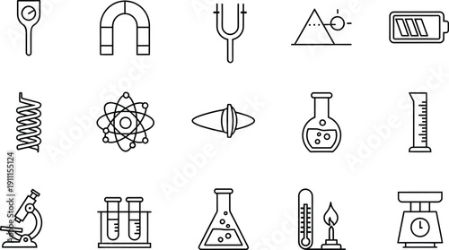 A set of simple line art icons depicting various scientific instruments and concepts related to physics and chemistry.