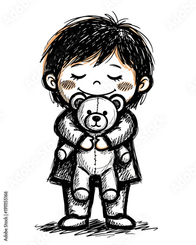 Cute and innocent child hugging a fluffy teddy bear with closed eyes, conveying warmth and comfort in a simple sketch