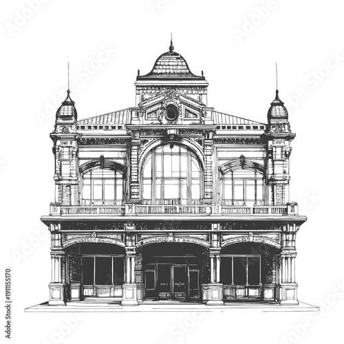 Detailed black and white ink drawing depicting a grand architectural structure