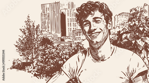 Happy young man portrait city park background. Casual person smiling outdoors with buildings and trees. Soft pencil hand drawn illustration sketch style. Banner for lifestyle branding.