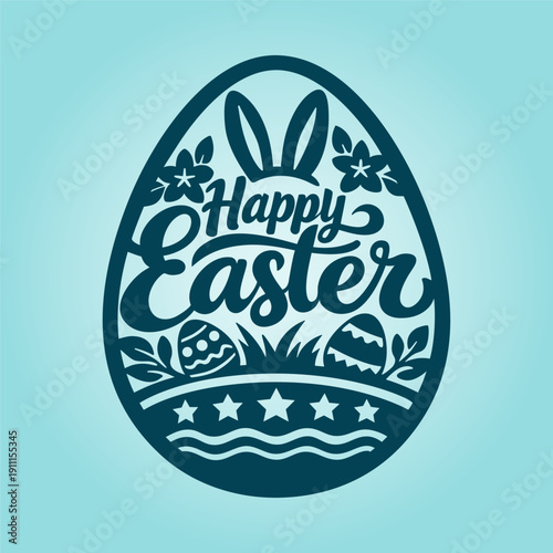 Happy Easter Egg Vector in Monochrome Papercut Style, Bunny and Floral Stencil Design Collection, striker, Spring Holiday Posters, Stickers and T Shirt Print