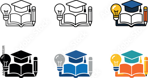 Intellectual growth icon showing a stylized book, graduation cap, pencil, and light bulb representing continuous education,