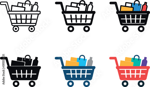 E-commerce cart icon showing a stylized shopping basket with wheels and handle containing items representing online shopping,