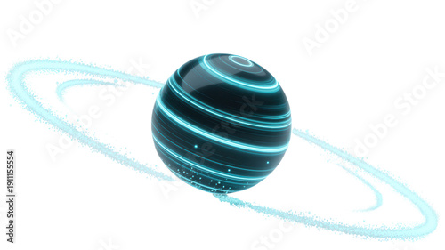 Abstract glowing blue sphere with luminous swirling lines and sparkling particle rings futuristic tech isolated on trans