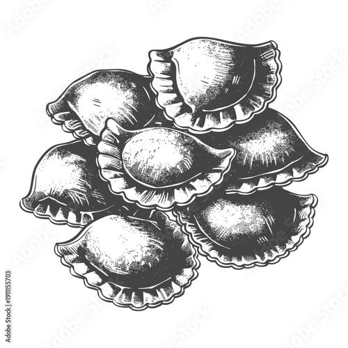 A monochrome illustration of a stack of savory dumplings