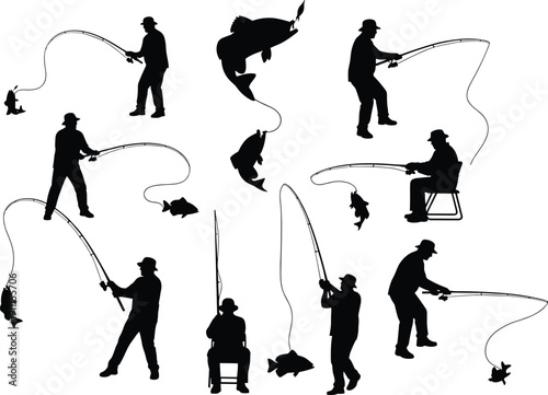 Fishing silhouette collection, anglers catching fish, rod casting poses, outdoor recreation vector set, sport activity illustration for design projects