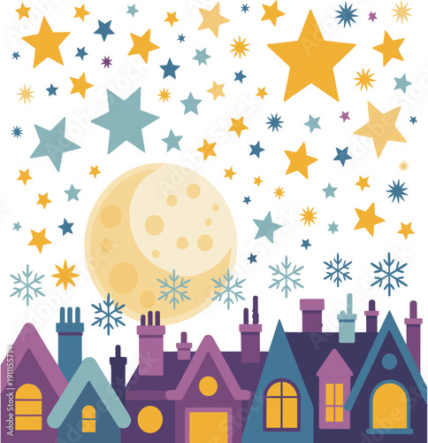 Foto Colorful village houses under a starry night sky with a large moon vector illust