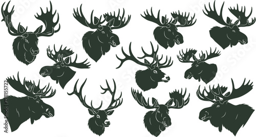 Moose head silhouette collection, antlered wildlife vector set, hunting trophy animal illustrations for rustic decor, logo, branding design