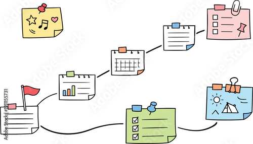 Milestone roadmap path, notebook strips as checkpoints, mini chart and calendar icons, pinned sticky notes for Festival schedule