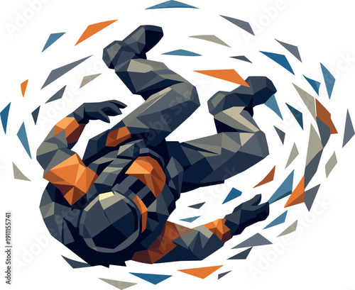 Low-poly vector illustration of a skydiver spinning in freefall, single human figure with sharply faceted anatomy and angular