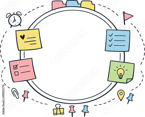 Wallpaper Mural Circular planning wheel, orbiting sticky notes, tiny clock and flag icons, curved dotted paths for Planner sticker collection Torontodigital.ca