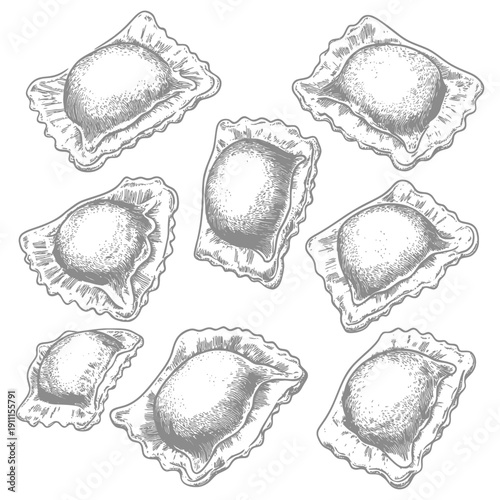 Detailed illustration depicting a variety of pasta ravioli dumplings on white background