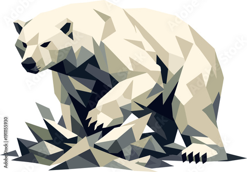 Low-poly vector illustration of a polar bear encountering resistance during the prowl, body twisting slightly as weight shifts,