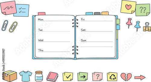 Open weekly planner spread, tabbed notebook pages, paper clips and sticky notes, small reminder icons for Donation sorting