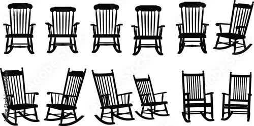 Rocking chair silhouette collection, wooden furniture set, vintage home seating illustrations, black vector designs for interior decor, rustic lifestyle