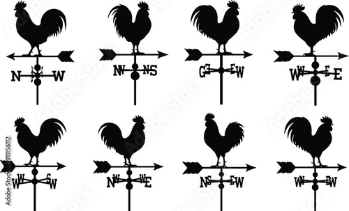 Rooster weather vane silhouette collection, farmhouse wind direction symbols, vintage metal compass vector set for rustic decor design