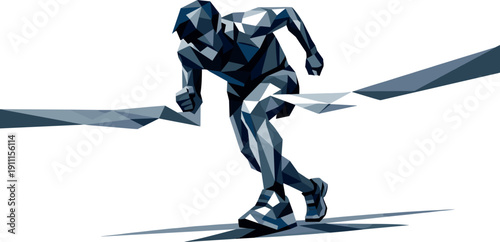 Low-poly vector illustration of a marathon runner approaching the finish tape, long-distance fatigue visible through angular