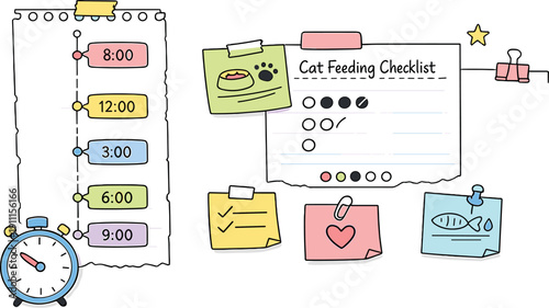 Daily schedule timeline with time blocks, timer and notebook page scraps, sticky notes and progress dots for Cat feeding