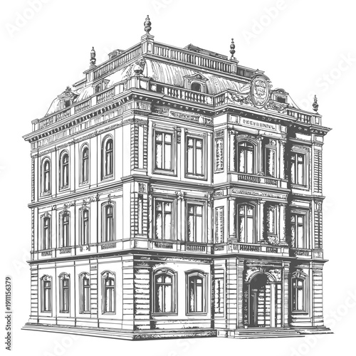 A detailed grayscale line art drawing depicting a stately building