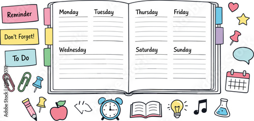 Minimalist School Planner Design. Open weekly planner spread, tabbed notebook pages, paper clips and sticky notes, small reminder
