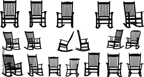 Vintage wooden rocking chair collection, hand drawn furniture illustration set, classic antique seat design isolated on white background