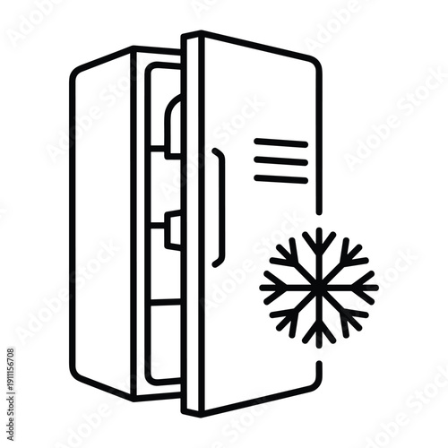 Minimalist line art illustration of a fridge with open door and snowflake for temperature