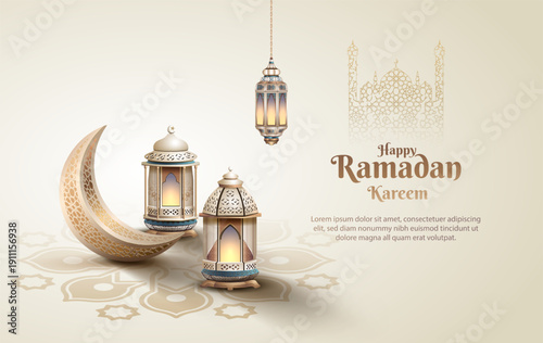 islamic greetings ramadan card design with silver crescent moon ornament and lantern decoration
