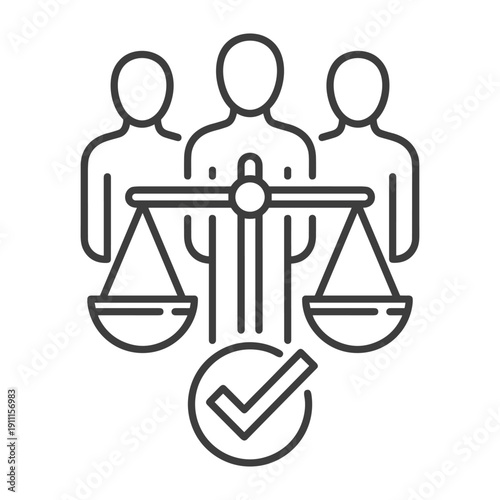Line art illustration of justice scales with human figures and checkmark symbol for law