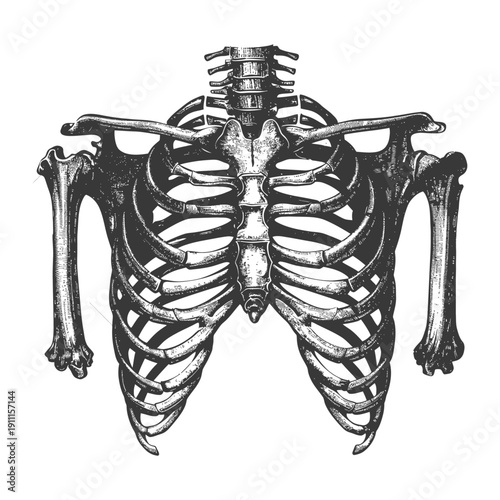 A detailed illustration depicting a human skeleton torso and arms