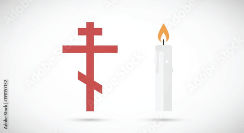 Red cross and lit white candle on white background lit candle flame 1 religious symbol