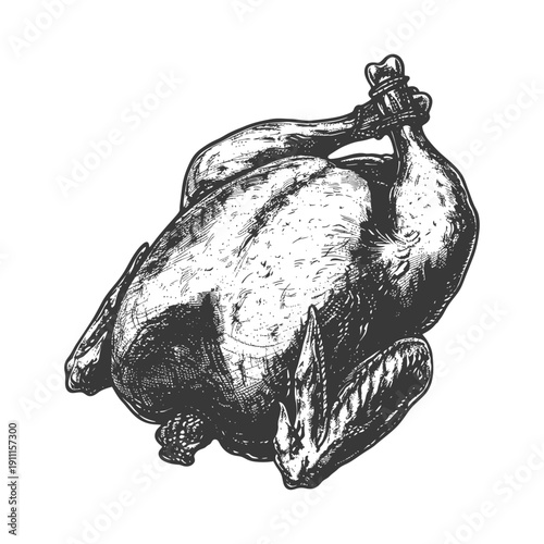 A detailed hand drawn illustration of a roasted whole chicken