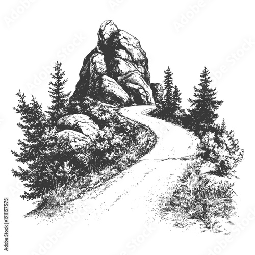 A winding road leads towards a large rocky mountain landscape