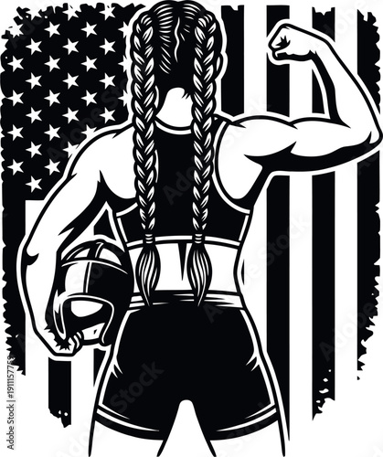 Strong female wrestler from behind showing muscles, athletic woman with braided hair holding headgear, grunge usa flag sports vector design