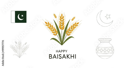 Baisakhi celebration with wheat stalks Pakistani flag crescent moon star