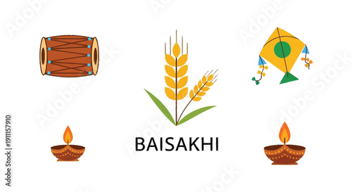 Baisakhi festival symbols with drum kite wheat and diyas celebration Indian 1 Punjabi