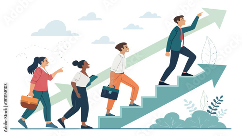 Diverse business professionals climbing stairs towards success, conveying career growth and achievement
