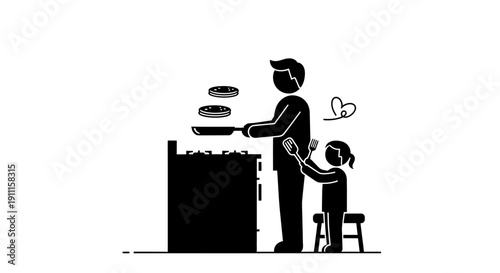 Father teaches young daughter cooking yr (24) at home with pancakes