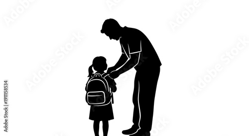 Father helps young girl with her backpack on a typical morning at home or school.