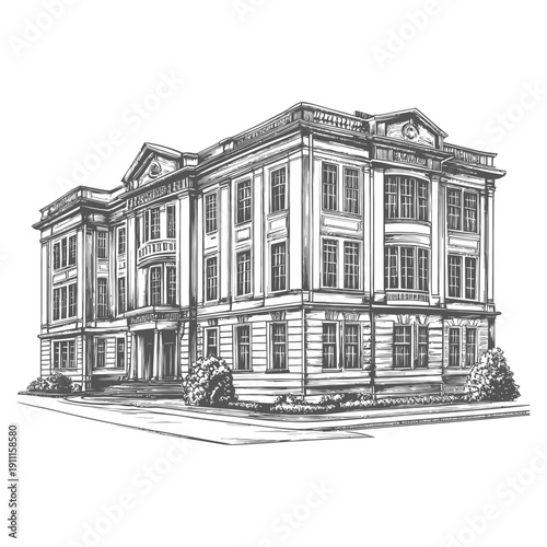 Detailed black and white architectural illustration of a grand building structure