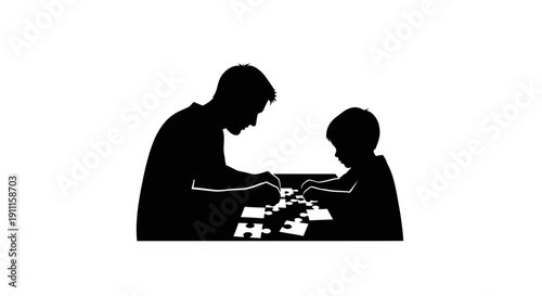 Father and son working on jigsaw puzzle yr (62) together at home.