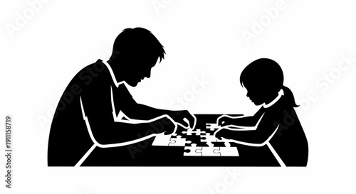 Man and child play chess together at table