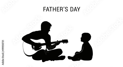 Father plays guitar for young son on Father's Day, sitting together in silhouette illustration yr 64