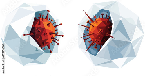Red virus cell breaking out of geometric ice crystal, vector illustration, isolated on white