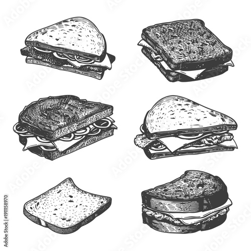 A collection of hand drawn illustrations of sandwiches on white