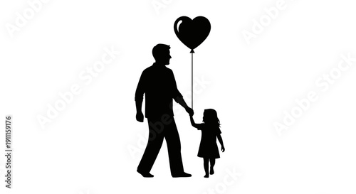 Man and little girl walking with heart balloon