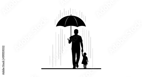 Man walks child under umbrella in rain