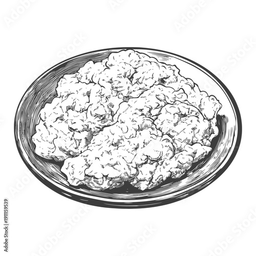 A drawing of a plate containing a large portion of food