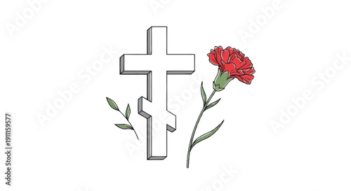 Broken white cross with red carnation flower and green leaves broken cross 1