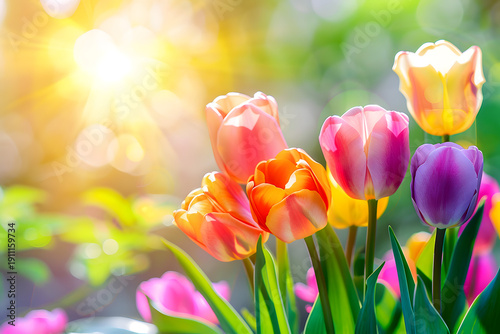 Colorful tulips in various shades of pink, orange, and yellow bloom under bright sunlight, creating a vibrant floral display in a garden setting