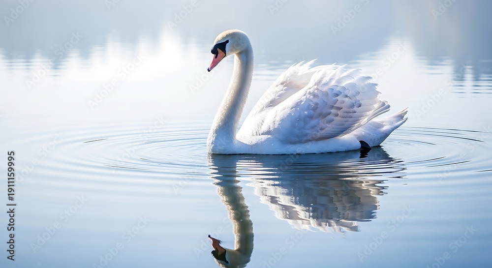 Obraz premium Tranquil white swan gliding on serene lake water with gentle ripples and reflection